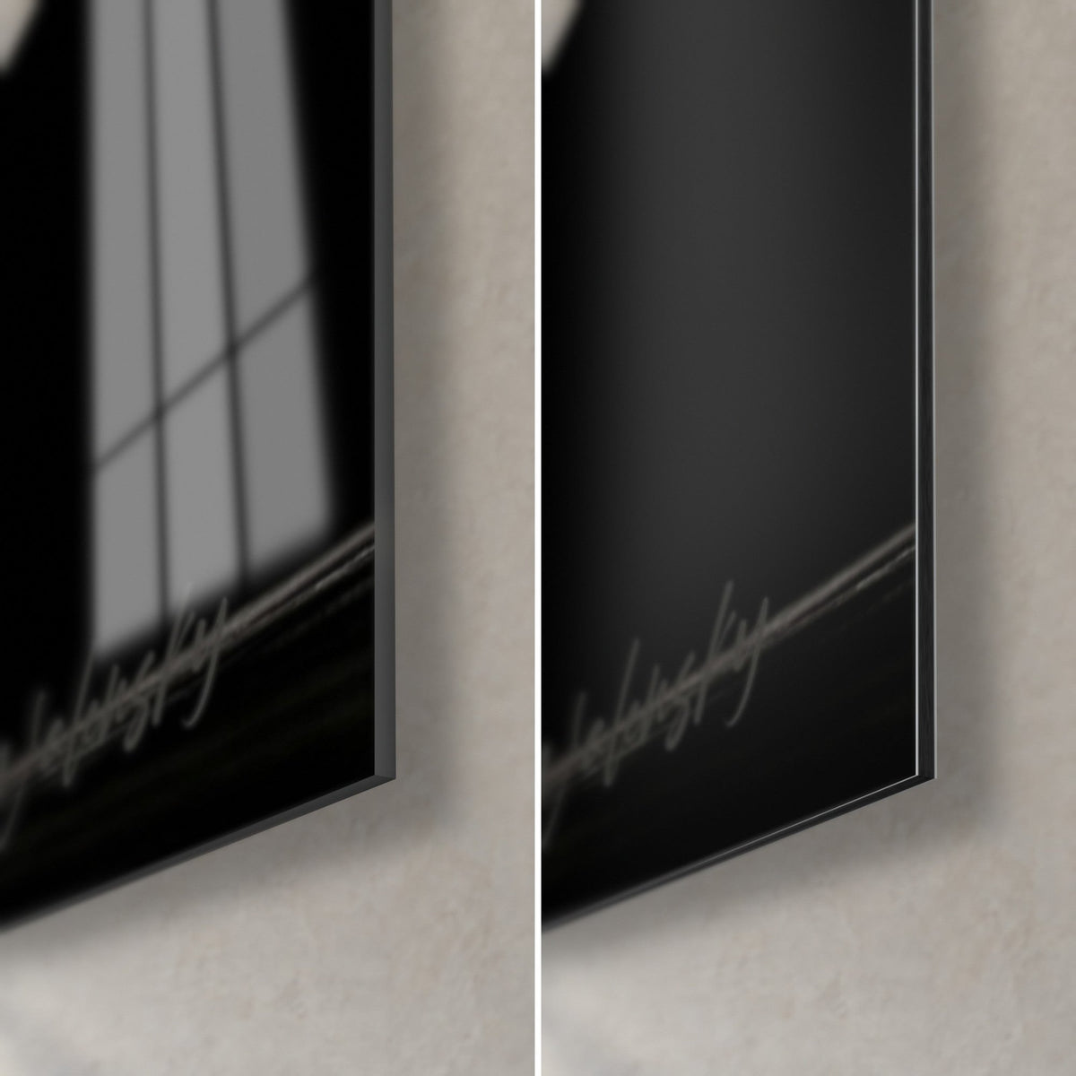 Tableau meneuses de claque en monochrome, coin bas droit : verre acrylique brillant à gauche, Dibond mat à droite, tranche de 3 mm