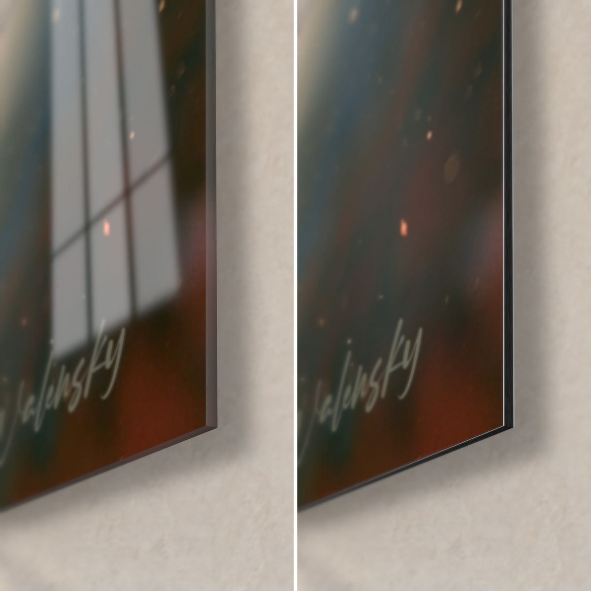 Wall art wind-swept hair, bottom right corner, glossy acrylic glass on the left, matte Dibond on the right, 3 mm black edge