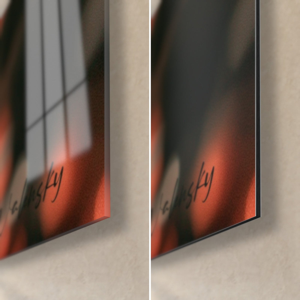 Wall art cheerleader with black and orange bow, bottom right corner: glossy acrylic glass with reflections, matte black Dibond, 3 mm edge