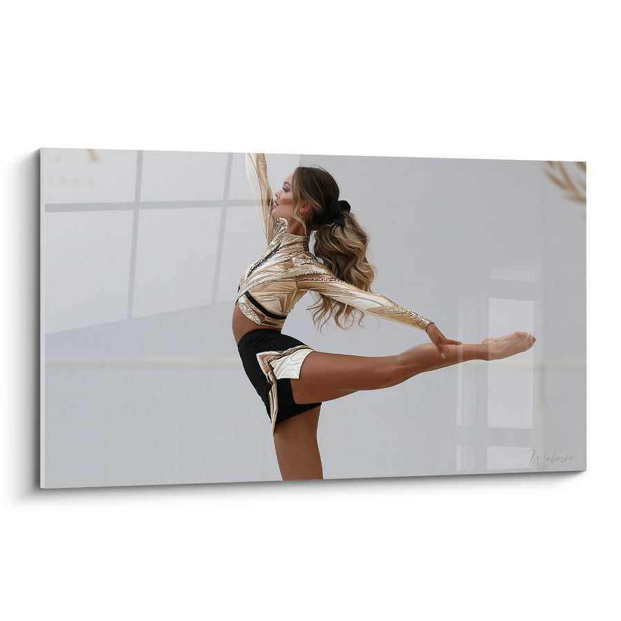 Tableau Pom-pom girl dorée et noire jambe tendue verticale - Grand écart arrière - Edition Cheerleader