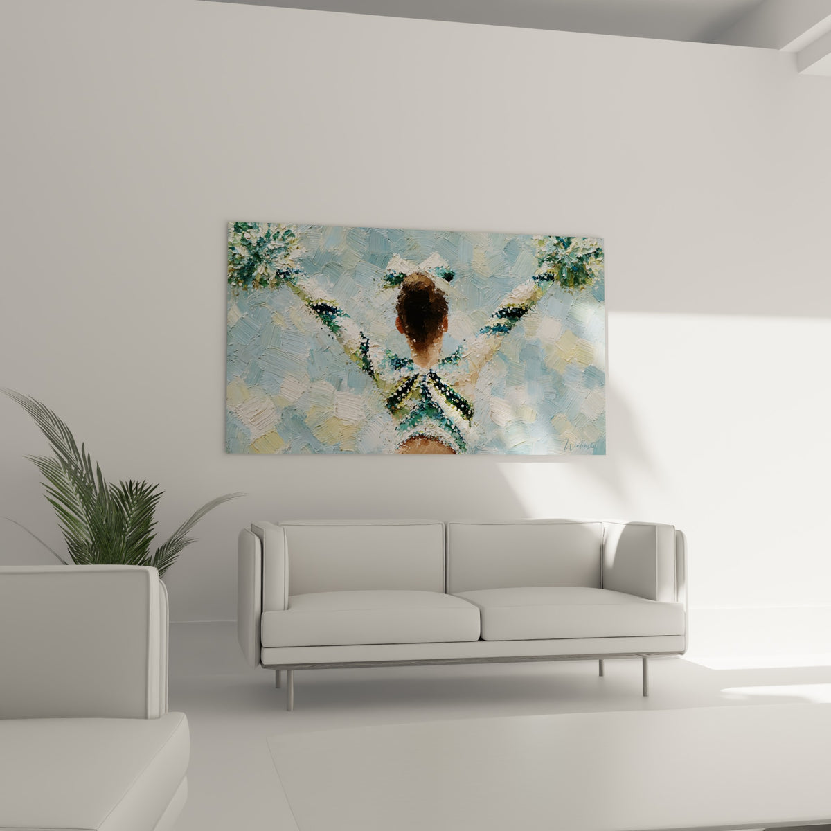 Silhouette sportive en bleu ciel et vert, pompons dressés, au-dessus d'un canapé dans un salon lumineux