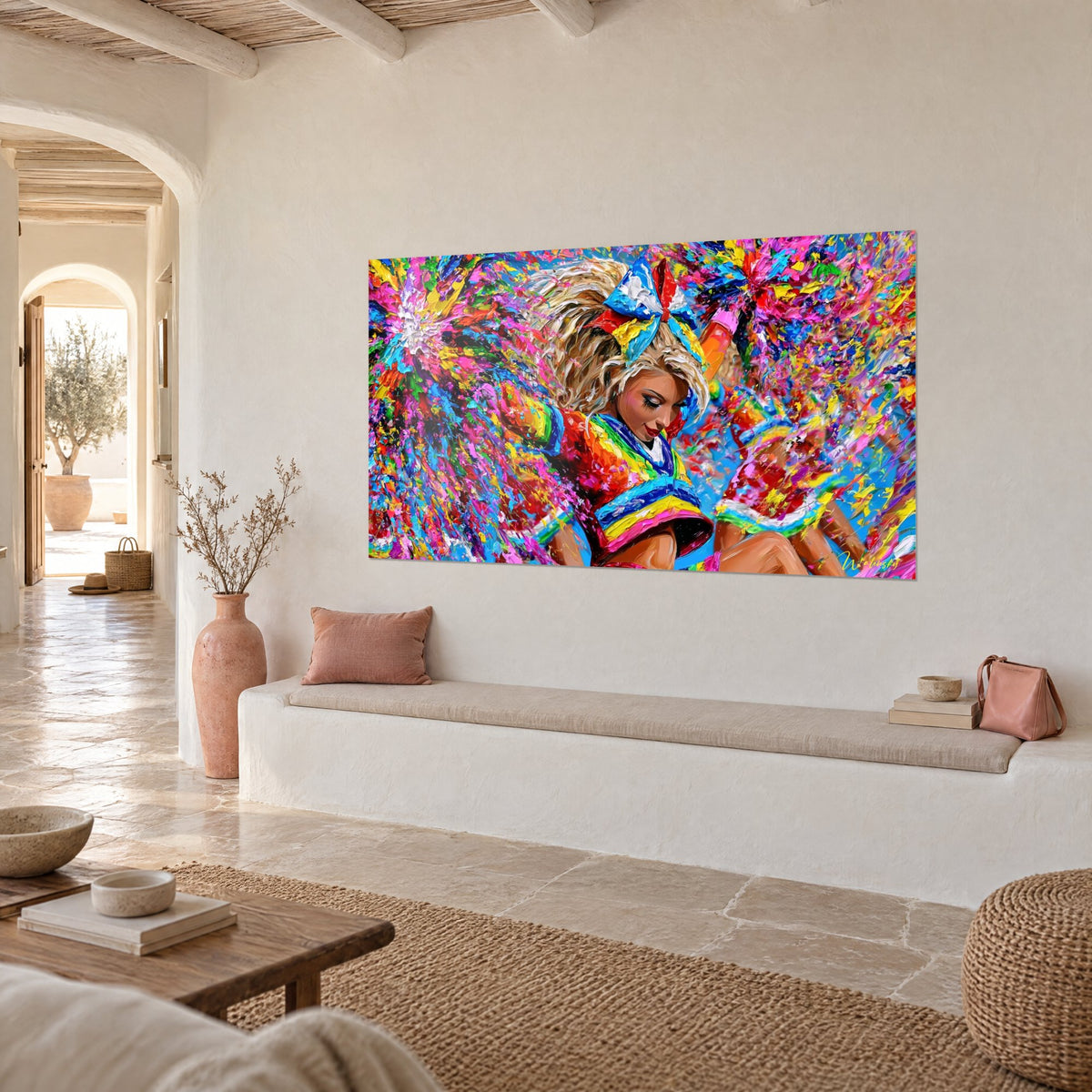 Wall art blonde tap dancer, rainbow outfit and fuchsia pom-poms, whitewashed wall, bench seat