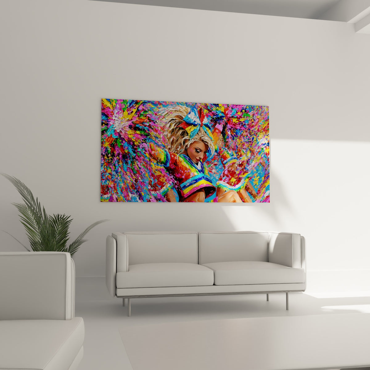 Pom-pom girl souriante dans un tourbillon doré et violet, au-dessus d'un canapé dans un salon lumineux