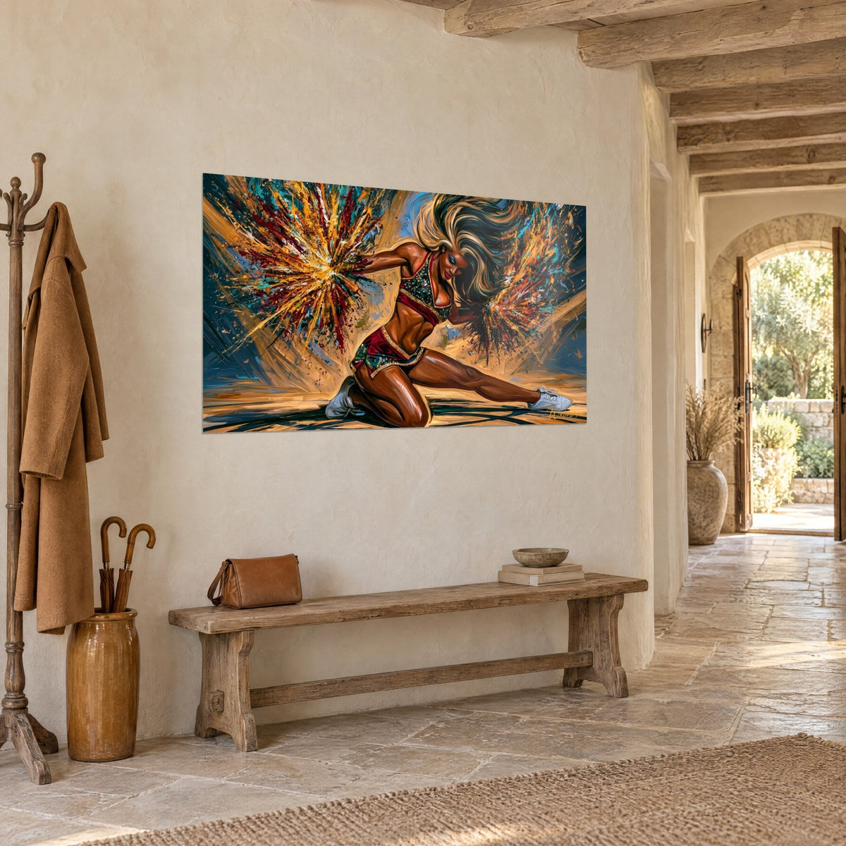 Tableau cheerleader en plein mouvement, tenue pailletée bordeaux, éclats turquoise et ocre, mur de pierre et banc de bois, vue de trois-quarts