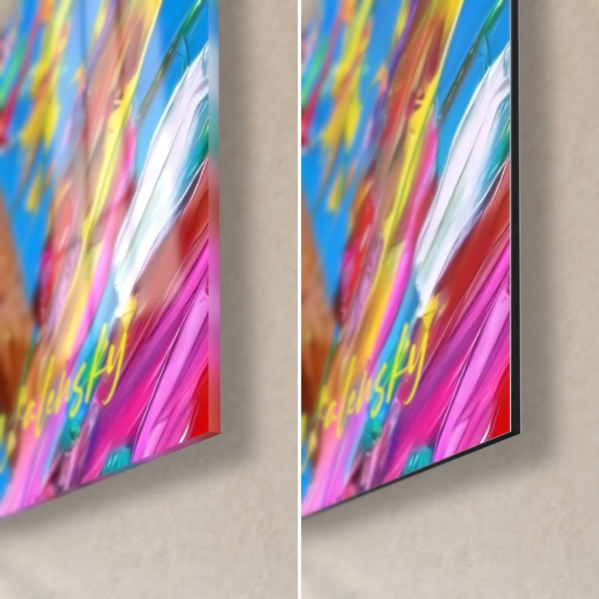 Wall art palette-knife cheerleader, bottom right corner: glossy acrylic glass on the left, matte black Dibond on the right