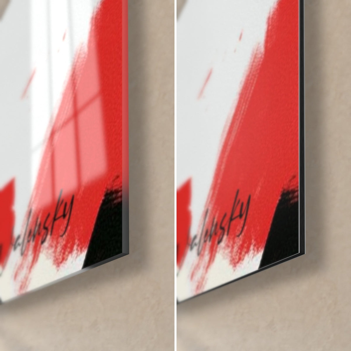 Wall art of a cheerleader with black hair, bottom right corner: glossy acrylic glass on the left, matte Dibond on the right, red stroke and signature