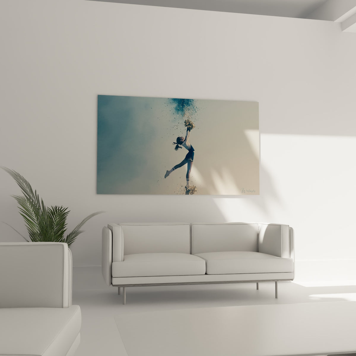 Silhouette de pom-pom girl bleu marine et doré, au-dessus d'un canapé dans un salon lumineux