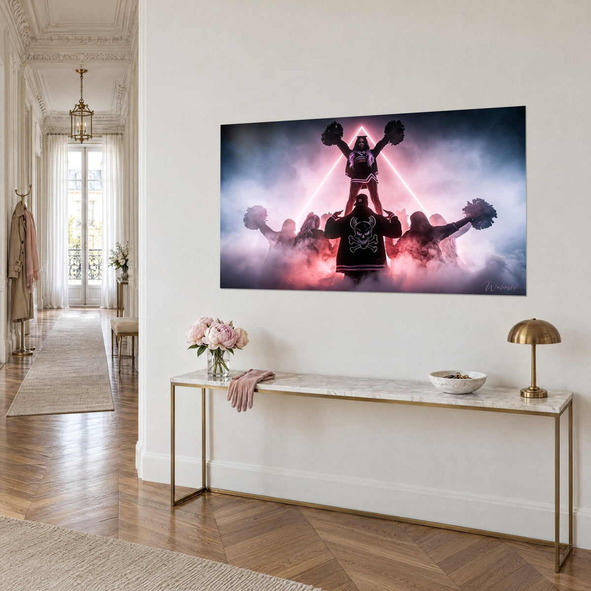 Wall art cheerleader balancing on the tip of a glowing pink triangle, blue and white smoke, cream wall, gilded Haussmann-style console
