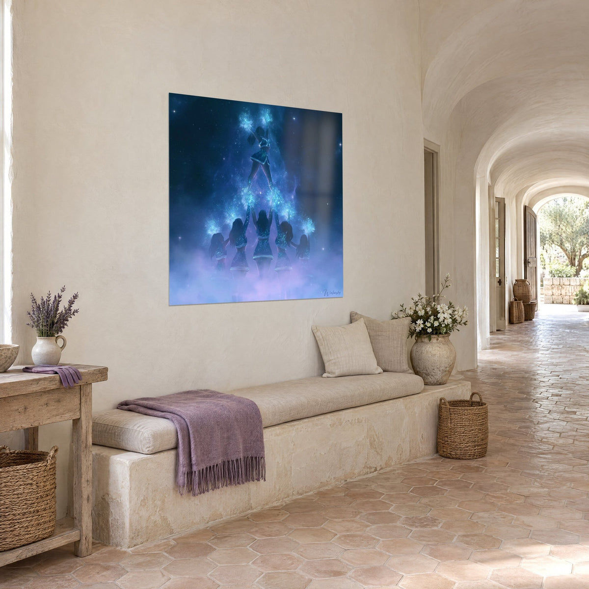 Wall art cheerleaders in silhouette against an indigo starry sky, pink-lilac mist at the base, hung in a vaulted corridor of the farmhouse