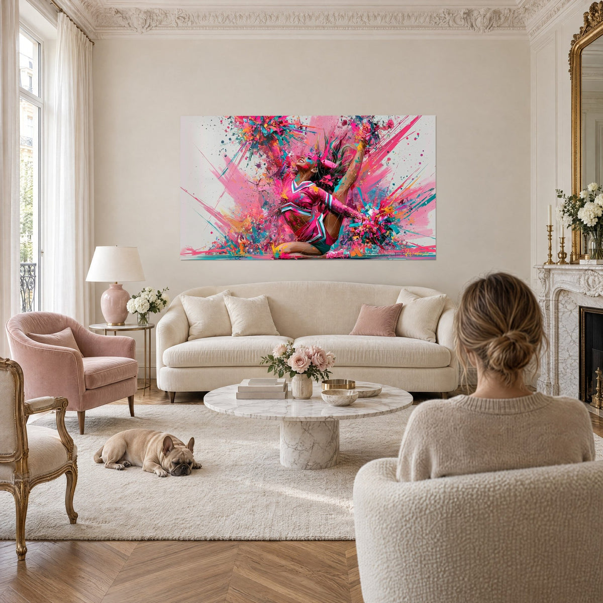 Tableau meneuse de pom-pom en uniforme rose, jambe levée dans des éclaboussures turquoise, au-dessus d'un canapé dans un salon lumineux