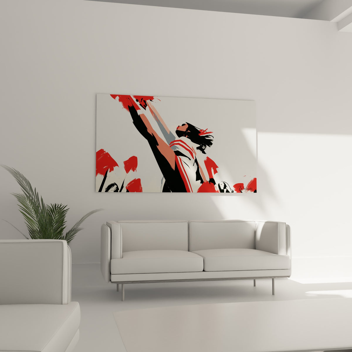 Geste ample rouge et anthracite d'une cheerleader, positionné au-dessus d'un canapé dans un salon lumineux