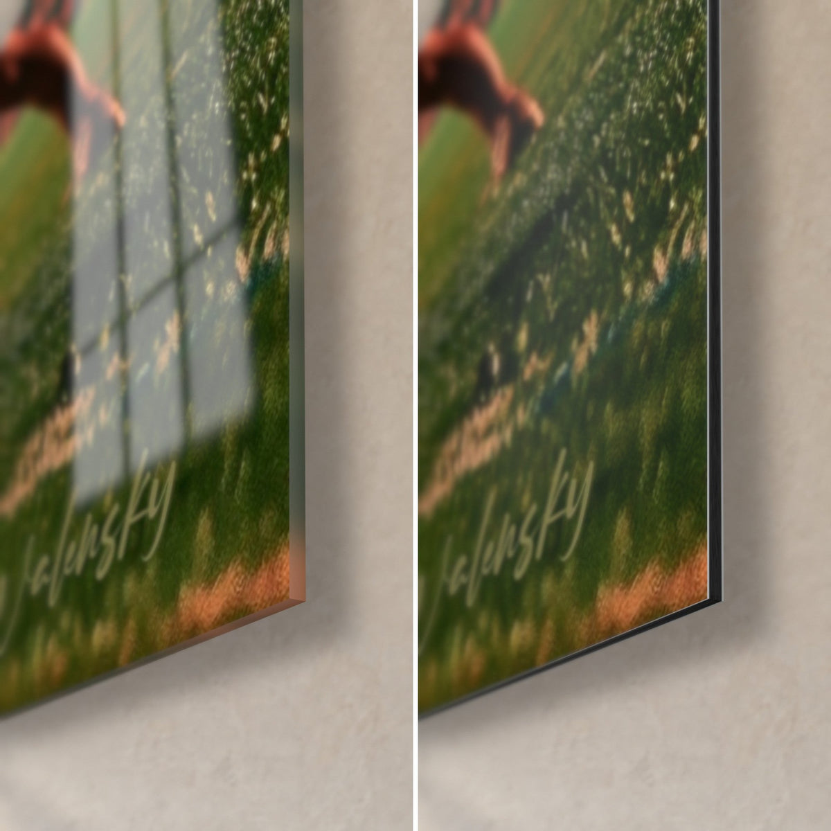 Wall art stadium dancers, bottom right corner: glossy acrylic glass on the left, matte black Dibond aluminum on the right, 3 mm edge visible