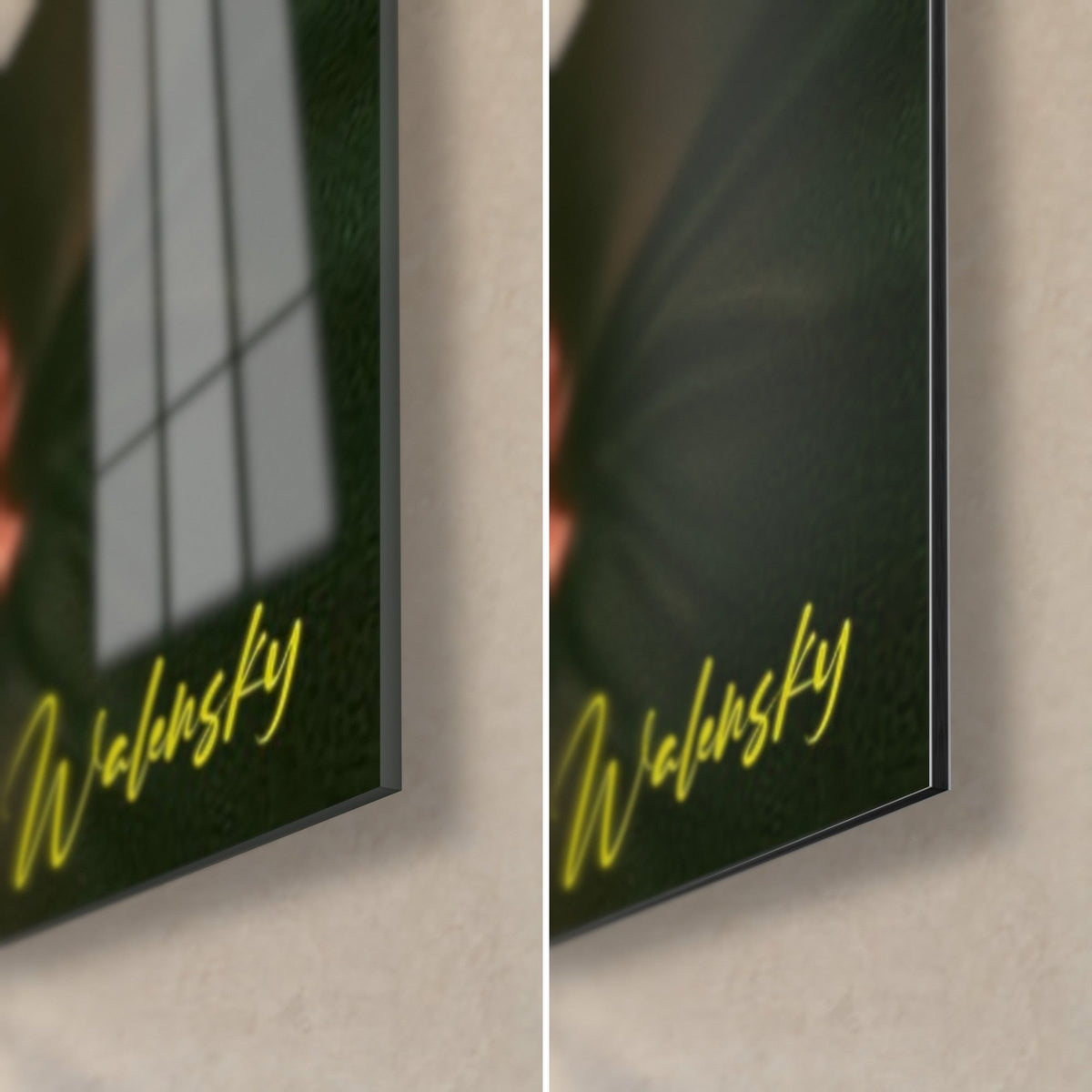 Wall art of a young fan in a black jacket, bottom right corner: glossy acrylic glass on the left, matte Dibond on the right, 3 mm edge
