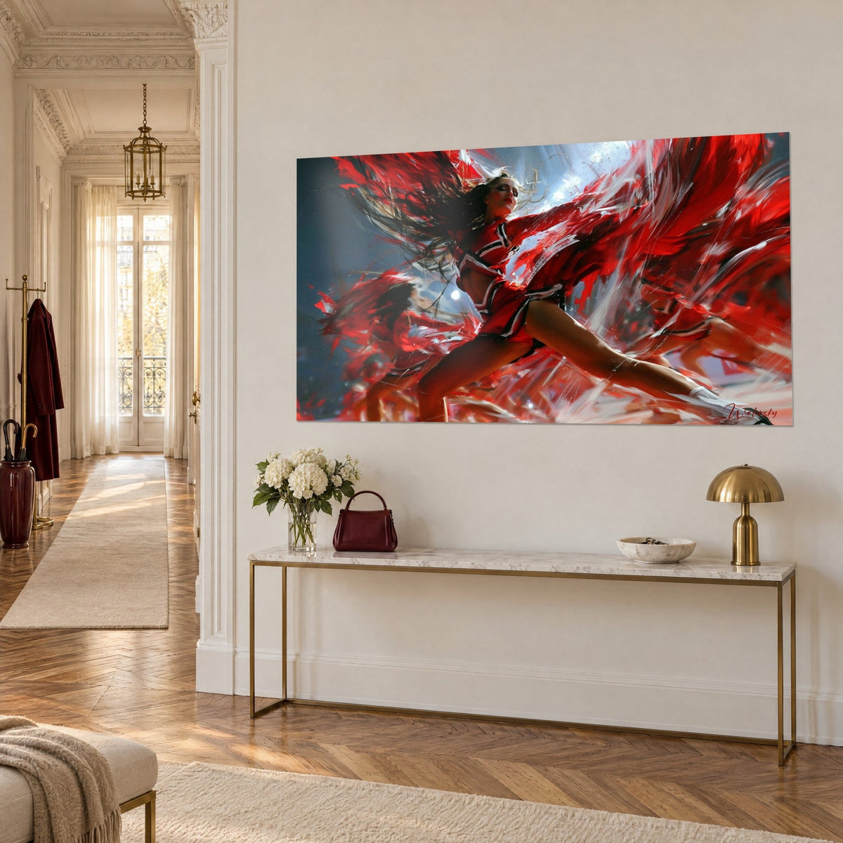 Wall art cheerleader with scarlet splashes on a blue-grey background, gold console below, Haussmann-style apartment