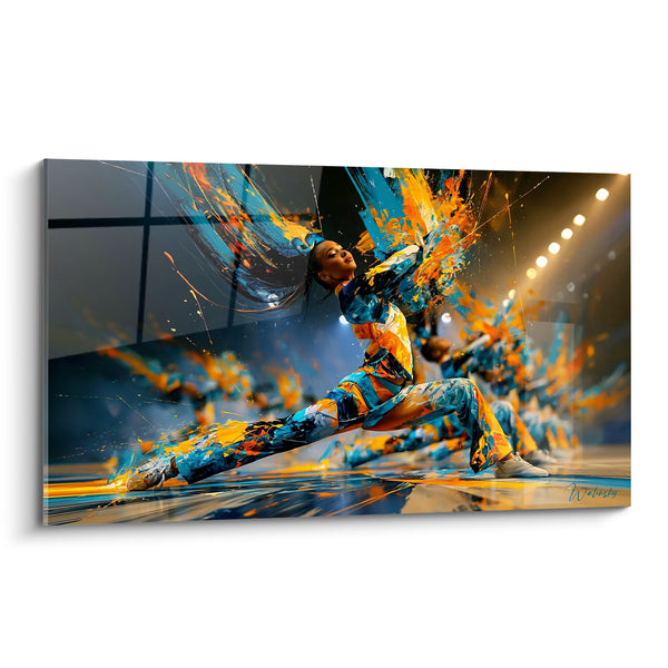 Tableau Pom-pom girl en grand écart bleu orangé - Explosion athlétique - Edition Cheerleader