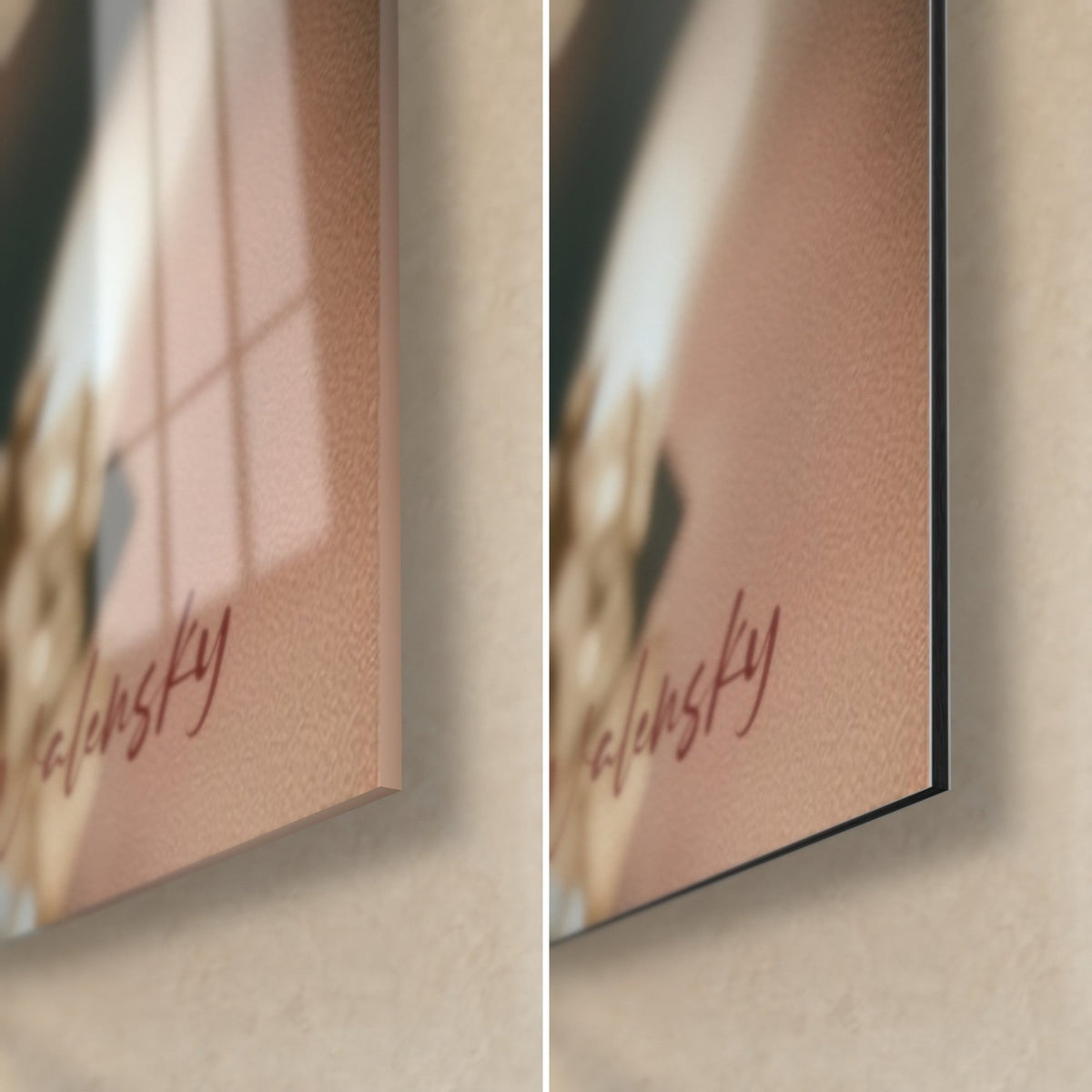 Wall art smiling cheerleader with a red bow, bottom right corner: glossy pink acrylic on the left, matte Dibond on the right, 3 mm edge