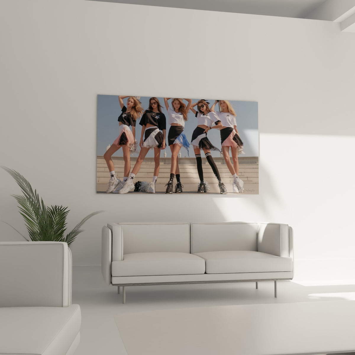 Groupe de cheerleaders en jupes anthracite et bleu ciel au-dessus d'un canapé dans un salon lumineux