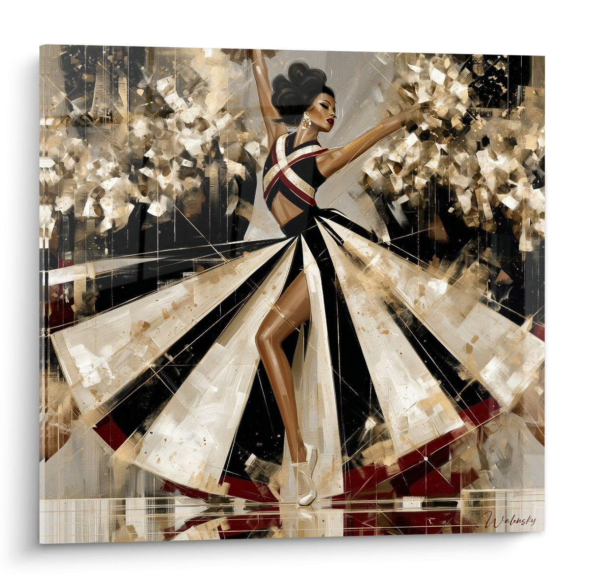Danseuse Cheerleader en jupe noire et crème tourbillonnante, éclats dorés, bras levés dans un geste vif.