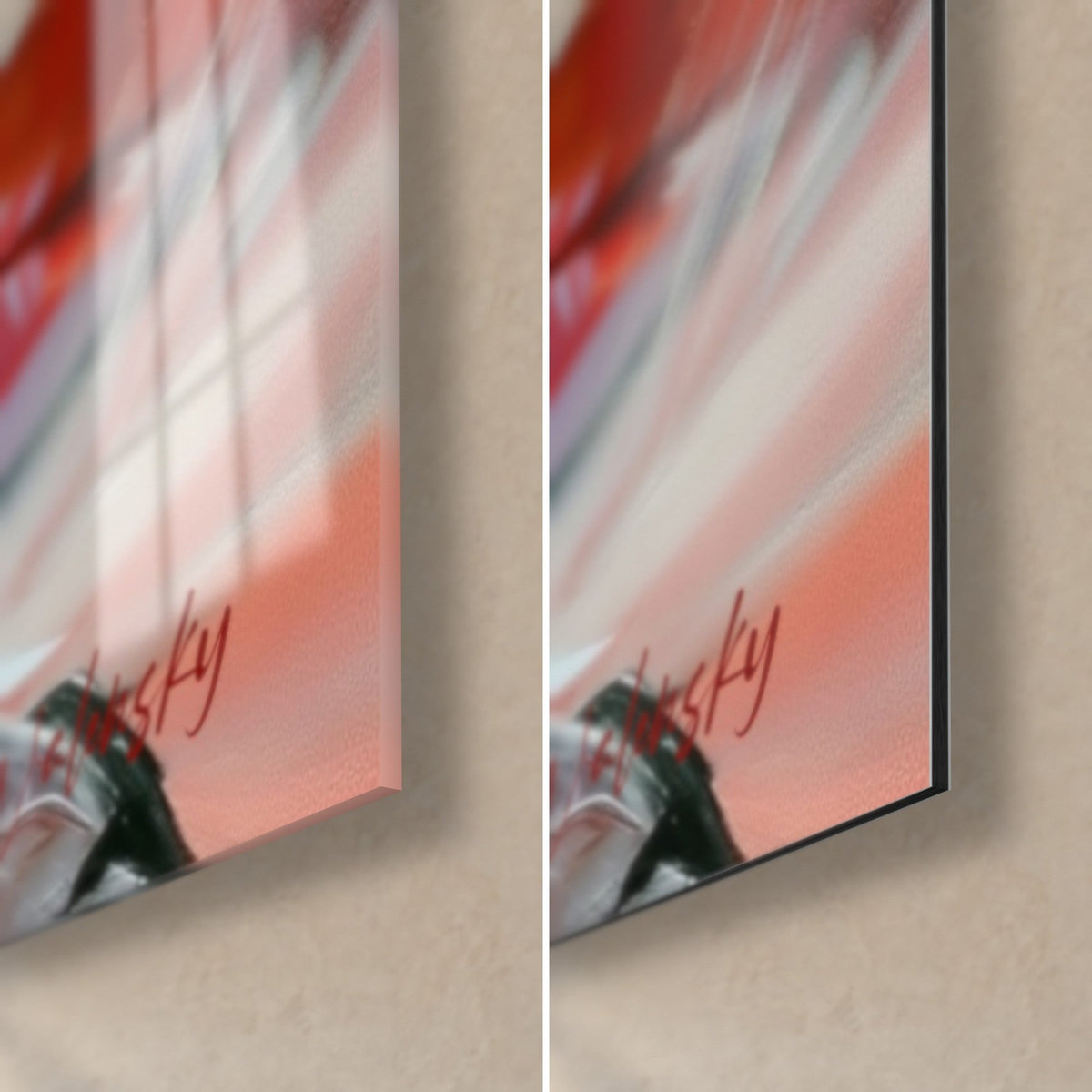 Wall art cheerleader in a red outfit, bottom right corner: glossy acrylic glass on the left, matte black Dibond aluminium on the right