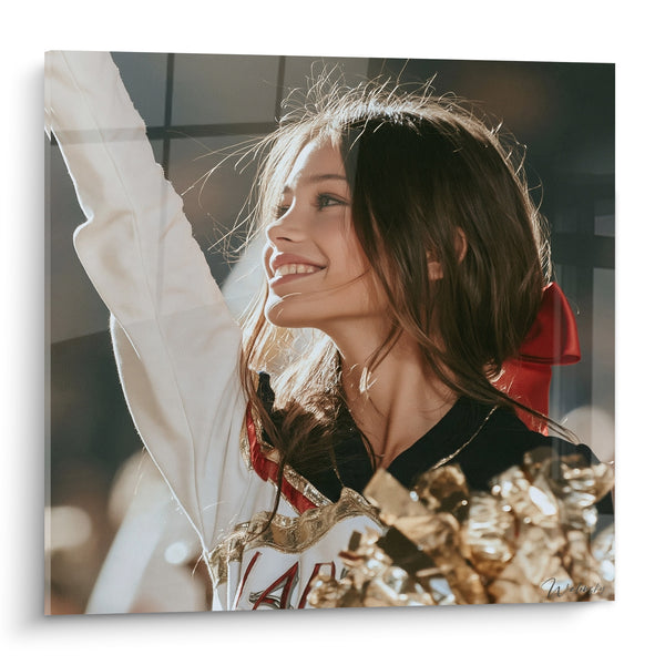 Tableau Pom-pom girl brune noeud rouge dorée - Éclat de joie - Edition Cheerleader