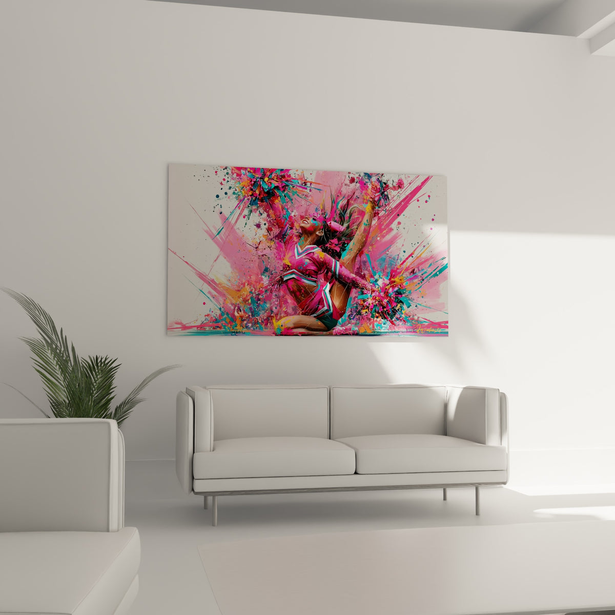 Silhouette sportive rose vif et orangée en plein élan au-dessus d'un canapé dans un salon lumineux