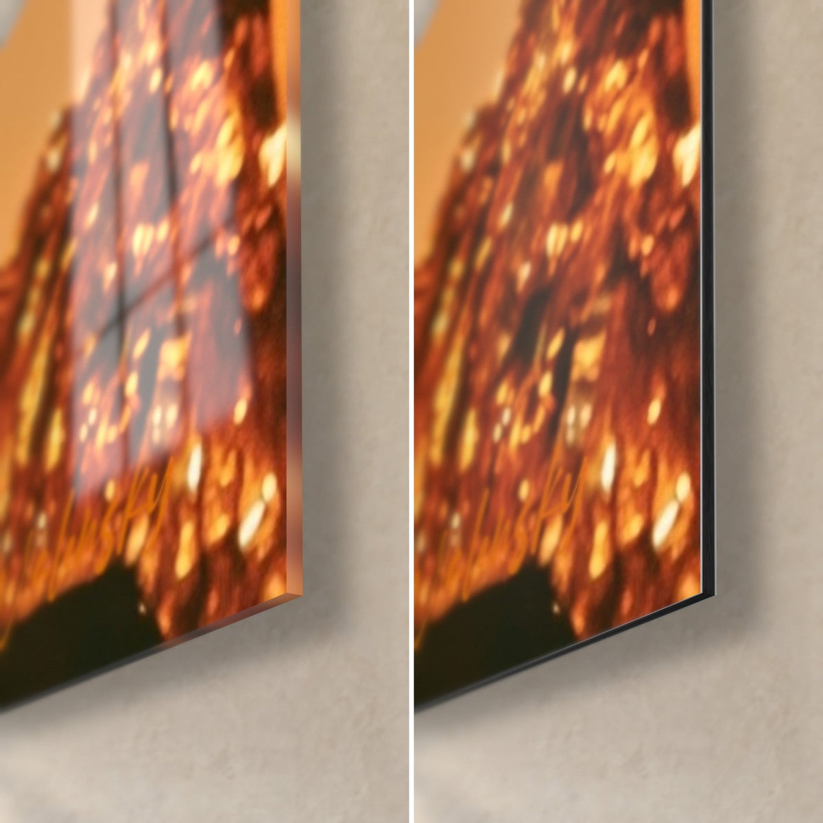 Gemälde Akrobatin im glänzenden goldenen Kostüm, untere rechte Ecke: glänzendes Acrylglas links, mattschwarzes Dibond rechts, 3 mm Kante