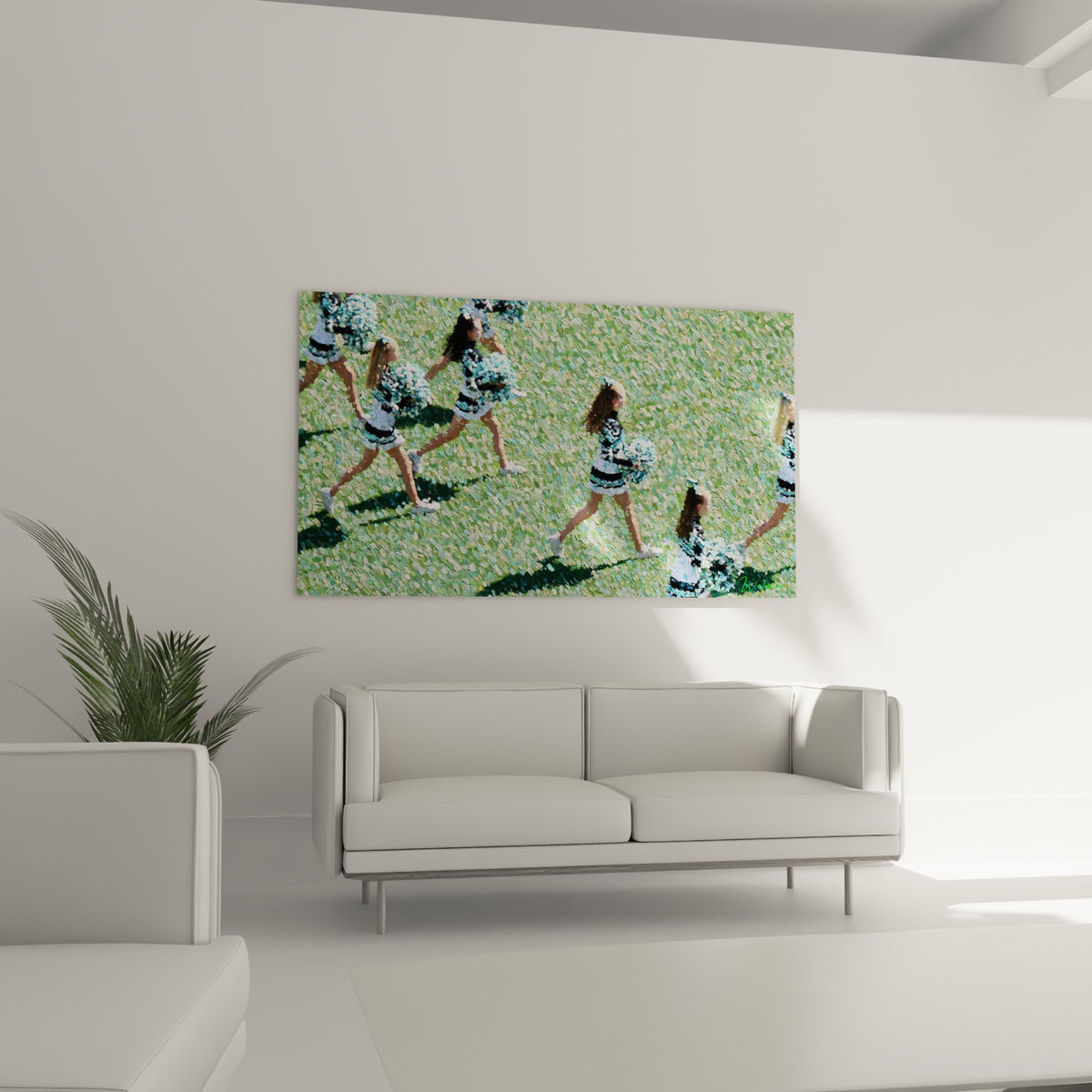 Pom-pom girls en mouvement, tons verts et blancs, au-dessus d'un canapé dans un salon lumineux