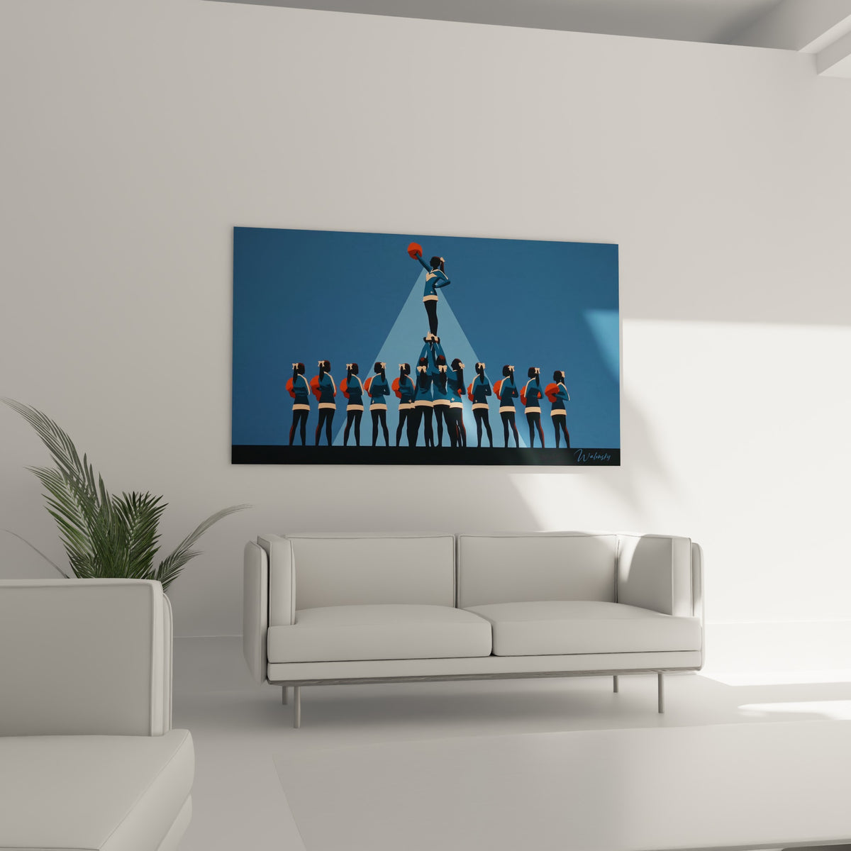 Pom-pom girl levant son pompon orange au sommet d'une pyramide bleue, au-dessus d'un canapé dans un salon lumineux