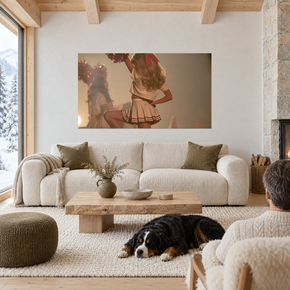 Wall art cheerleader seen from behind, cream pleated skirt with red trim, ribbon tied in her blonde curls, above a sofa in a bright living room