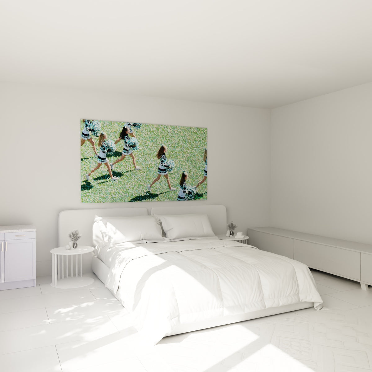 Silhouettes de cheerleaders vert et blanc au-dessus d'un lit dans une chambre claire