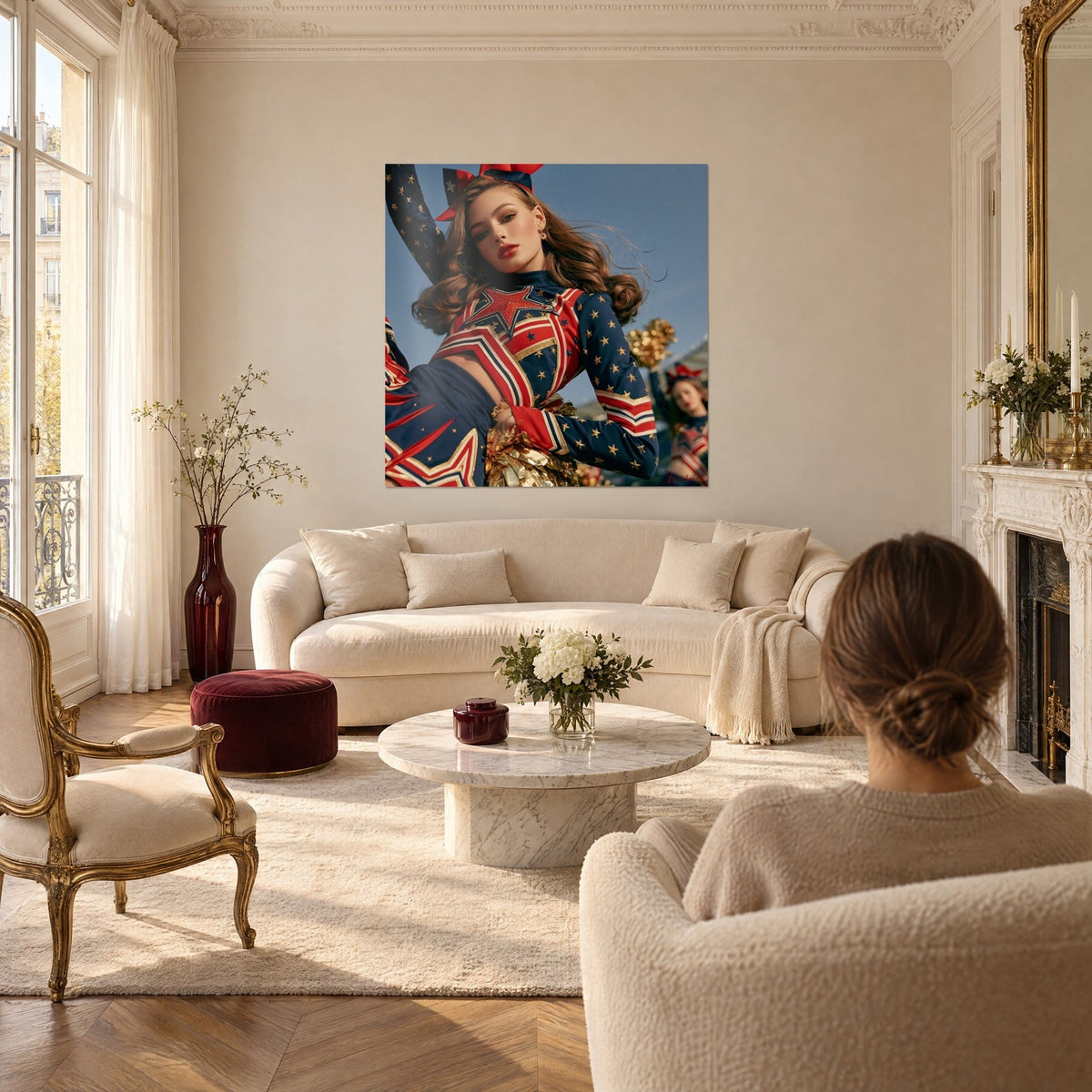 Tableau pom-pom girl en tenue étoilée bleu marine et rouge, cheveux auburn au vent, au-dessus d'un canapé dans un salon lumineux