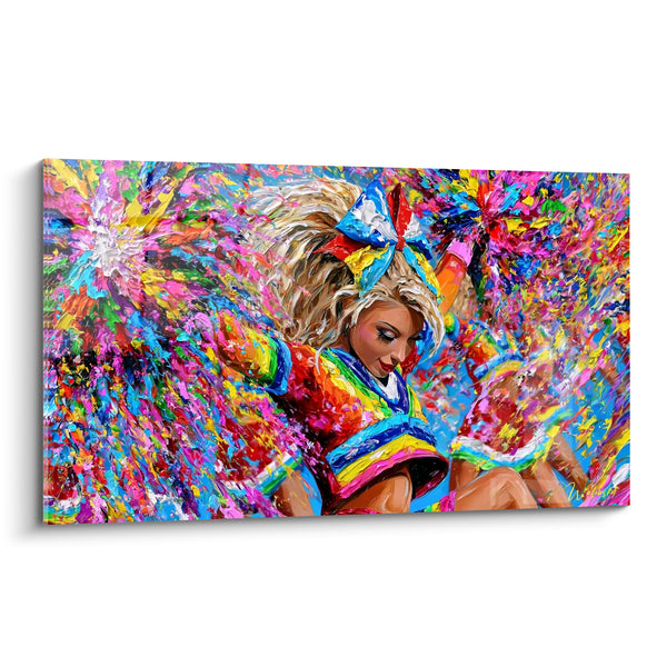 Tableau Pom-pom girl blonde noeud bleu et rouge multicolore - Explosion de confettis - Edition Cheerleader