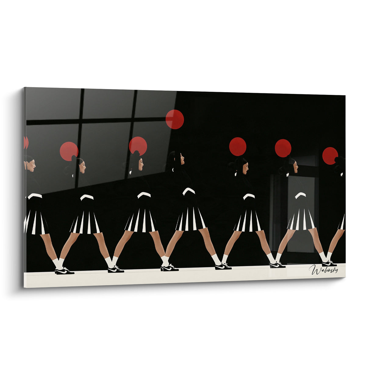 Meneuses de revue en jupes noires et blanches, pompons rouges levés sur fond anthracite