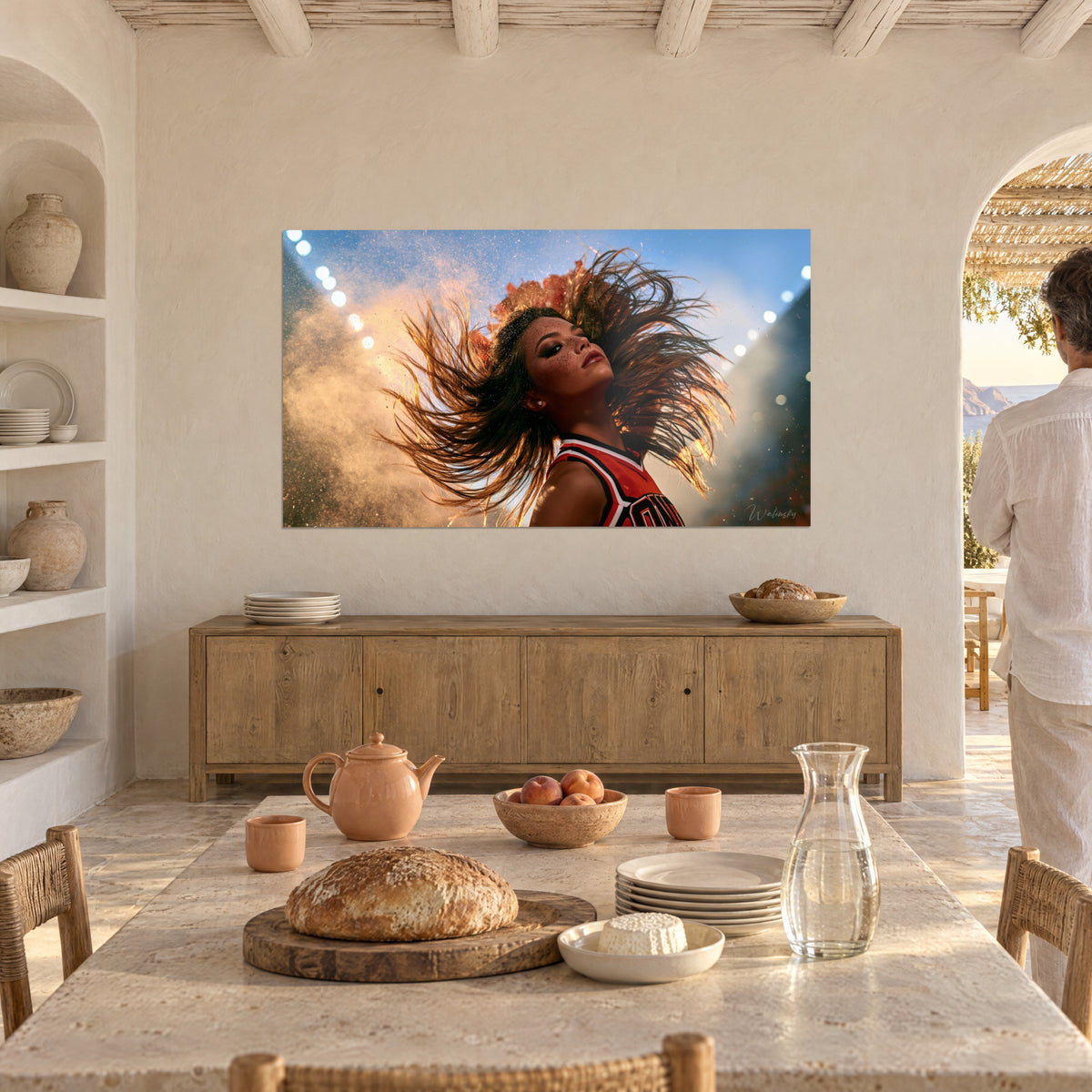 Wall art young cheerleader with shadowed eyes, ochre powder and bluish glows, hung in a Mediterranean dining room