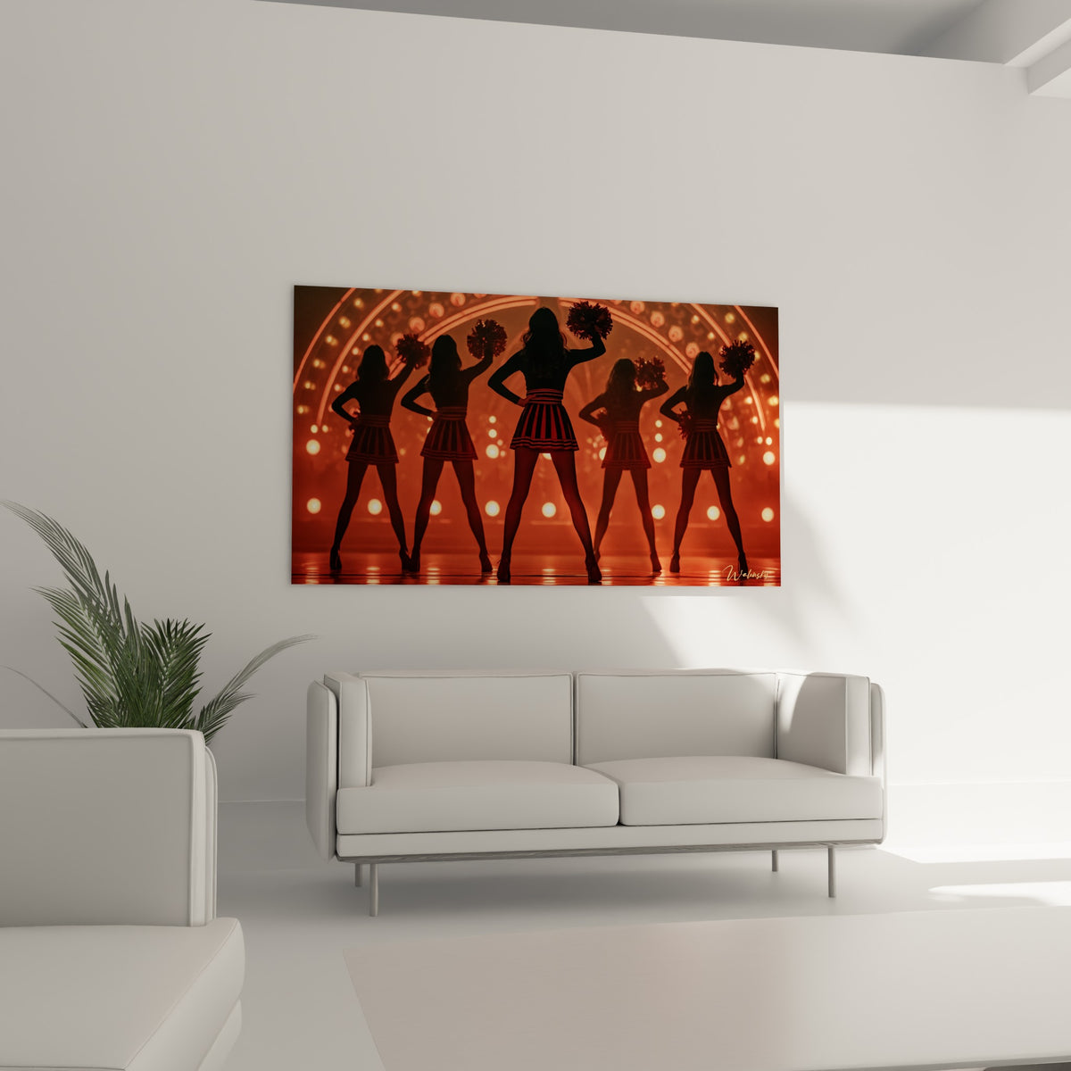 Danseuses cheerleader en contre-jour ambré, au-dessus d'un canapé dans un salon lumineux