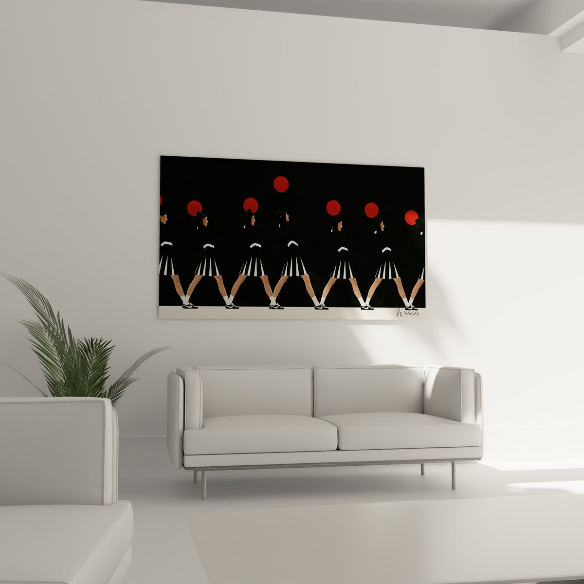 Rangée de pom-pom girls en mouvement, rouge vif et noir profond, au-dessus d'un canapé dans un salon lumineux