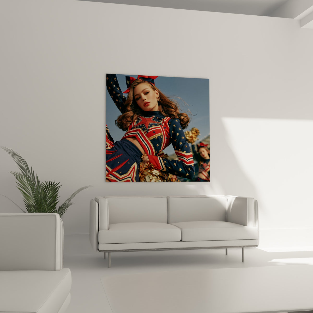 Portrait de cheerleader aux étoiles dorées sur fond bleu ciel, au-dessus d'un canapé dans un salon lumineux