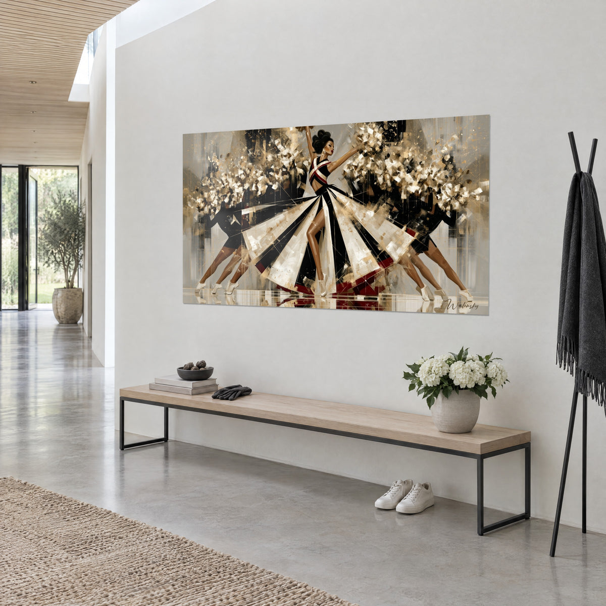 Wall art dancer in an ivory and black paneled skirt, arm raised, red reflections, on a white entrance wall