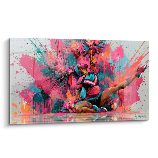 Tableau Pom-pom girl rose et turquoise en grand écart - Élan figé - Edition Cheerleader