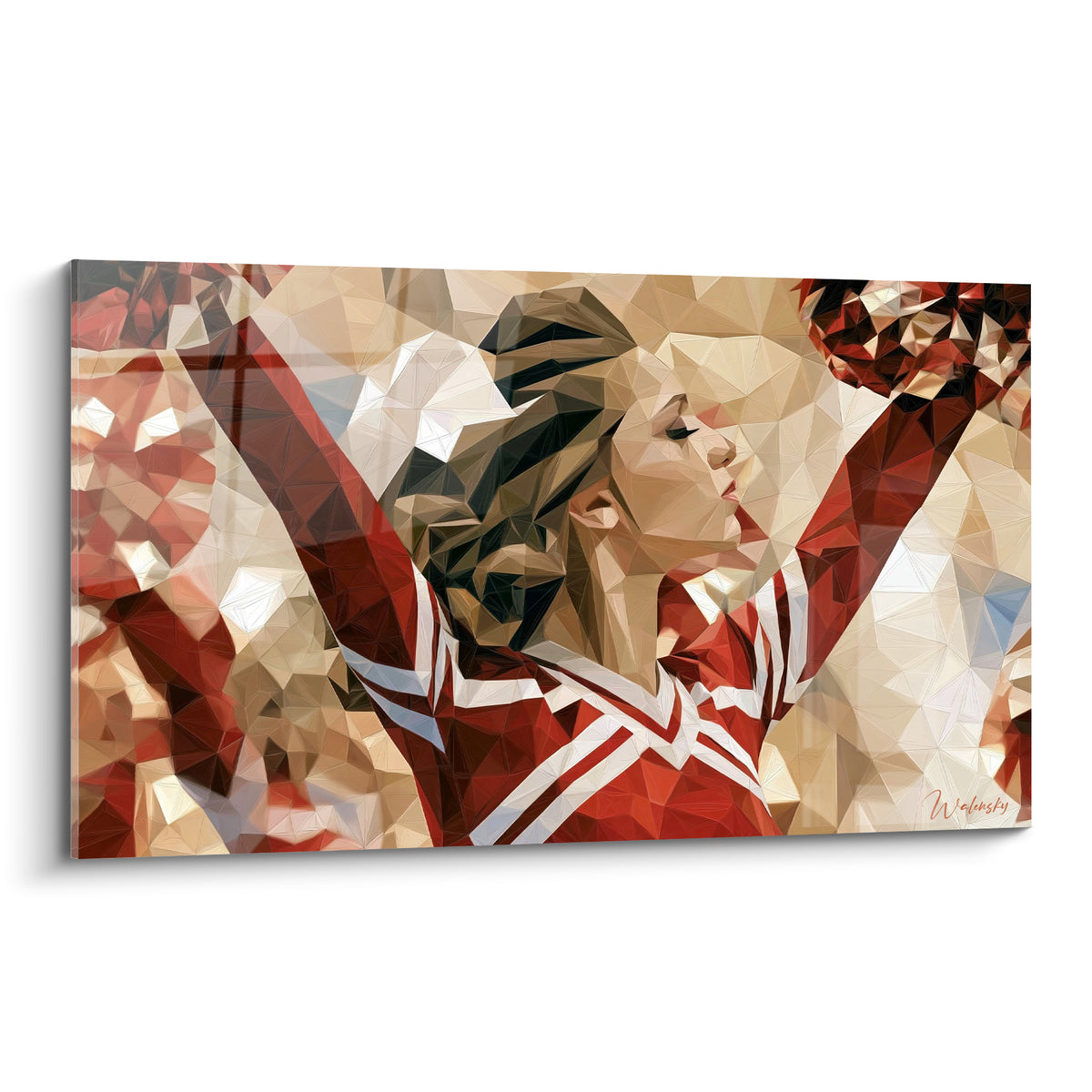 Pom-pom girl aux bras levés, uniforme rouge et blanc, style facetté beige et ivoire