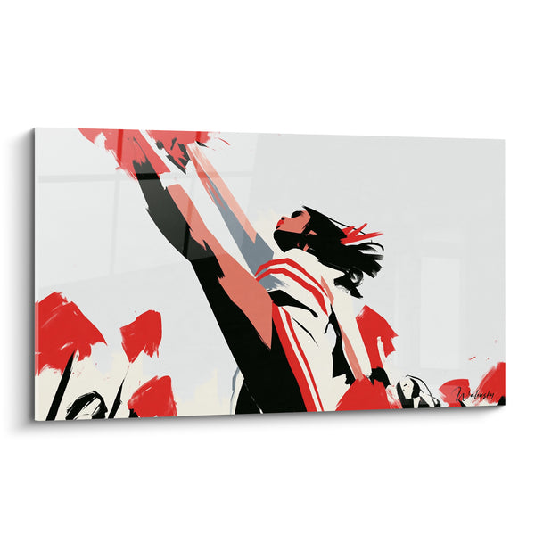 Tableau Pom-pom girl noire et rouge bras tendu vers le ciel - Profil au menton levé - Edition Cheerleader