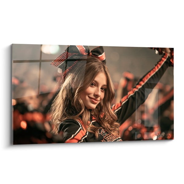 Tableau Cheerleader châtain noeud noir et orange - Regard par-dessus l'épaule - Edition Cheerleader