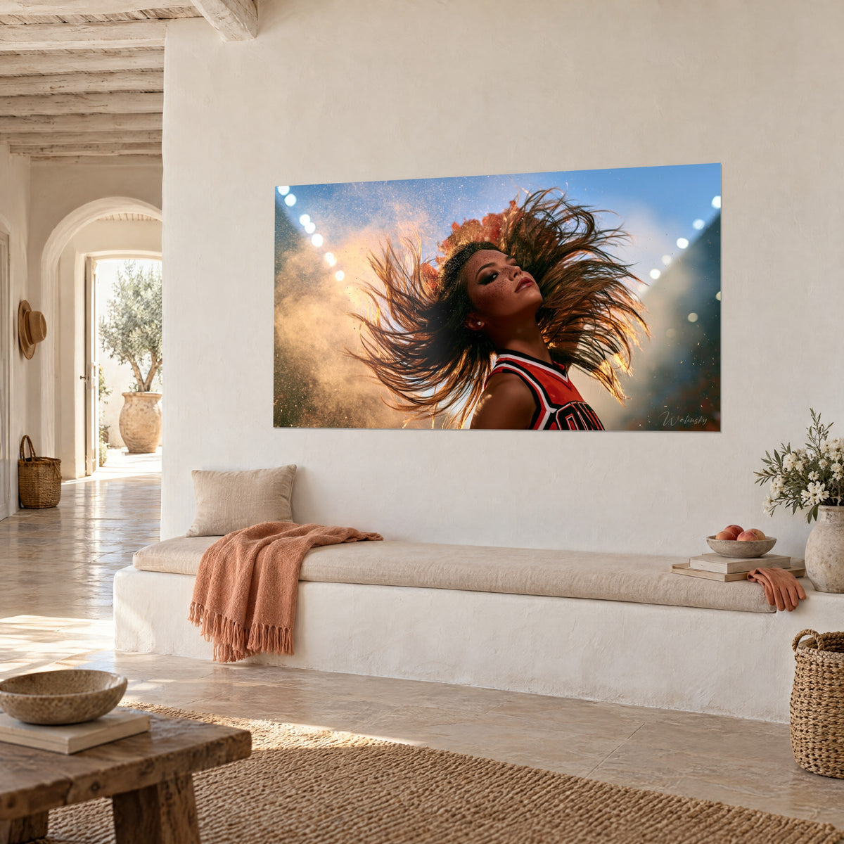 Wall art freckled cheerleader, red and black uniform, orange cloud and blue bokeh, on a white wall of a Mediterranean house