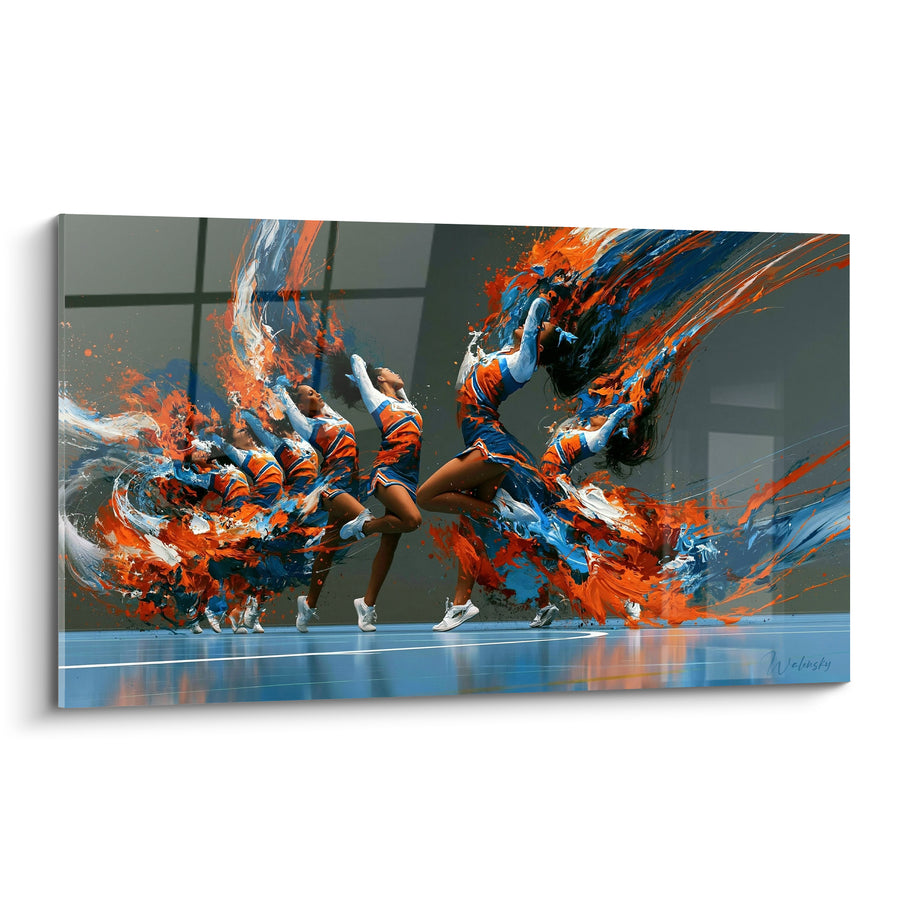 Tableau Cheerleaders bleu et orange sur parquet reflétant - Tourbillon de peinture éclaboussée - Edition Cheerleader