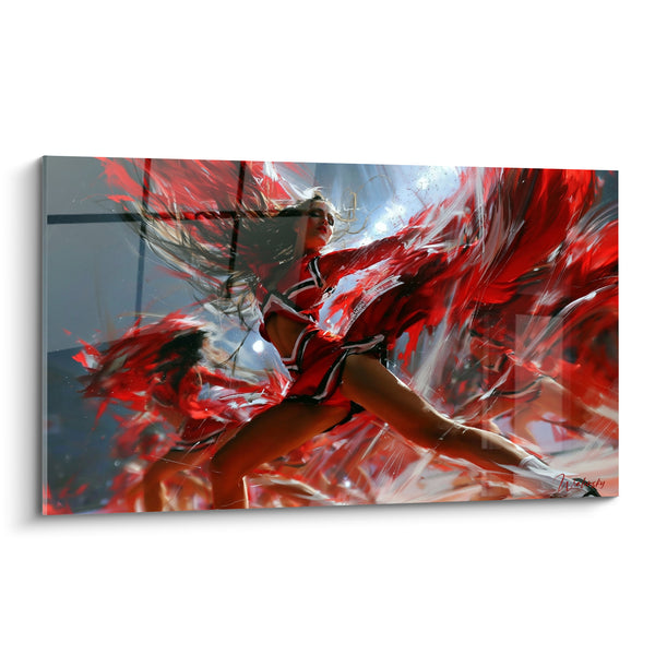 Red and White Pom-Pom Girl Painting - Intense Pictorial Splash - Cheerleader Edition