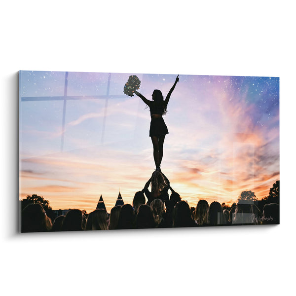 Tableau Pom-pom girl silhouette orange et violet coucher de soleil - Sommet du triomphe - Edition Cheerleader