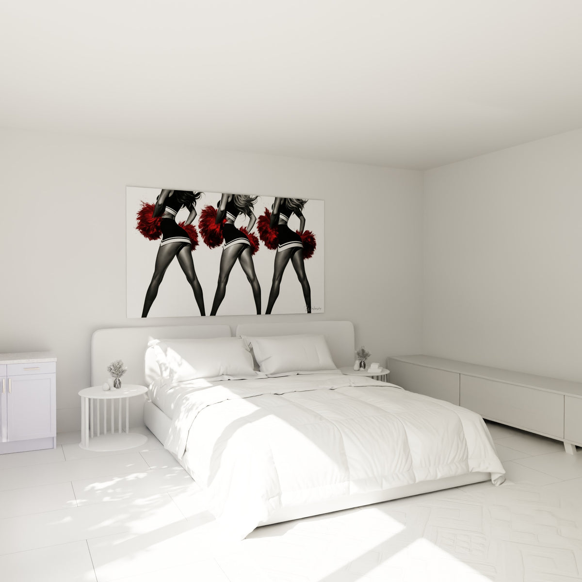 Cheerleaders anthracite et rouge bordeaux en mouvement, au-dessus d'un lit dans une chambre claire