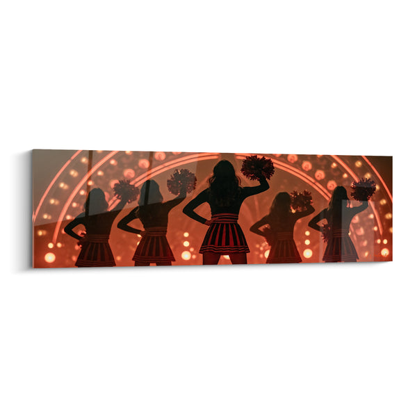 Tableau Pom-pom girls silhouettes orange et noires devant arche lumineuse - Rangée de meneuses - Edition Cheerleader