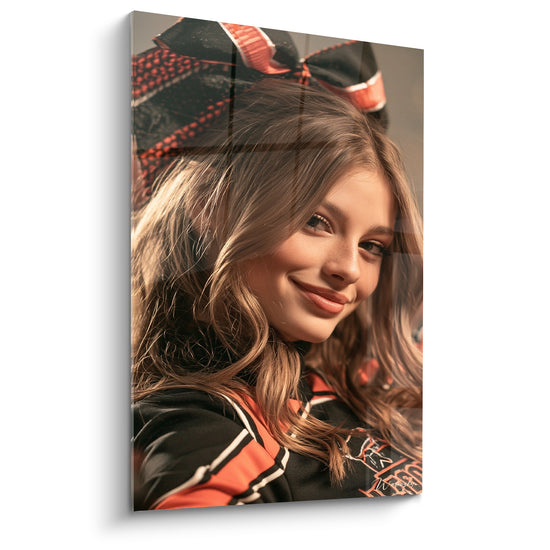 Tableau Cheerleader souriante noeud orange et noir - Sourire complice - Edition Cheerleader