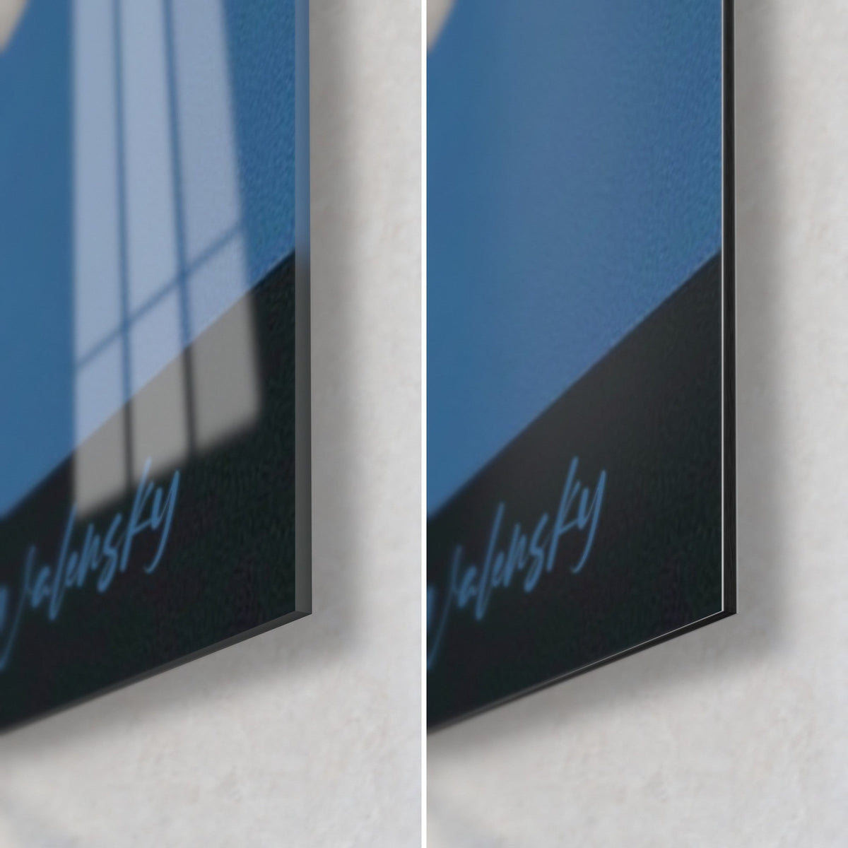 Gemälde Cheerleader in Blau und Orange, Detail unten rechts: glänzendes Acrylglas links, mattschwarzes Dibond-Aluminium rechts, 3 mm Stärke